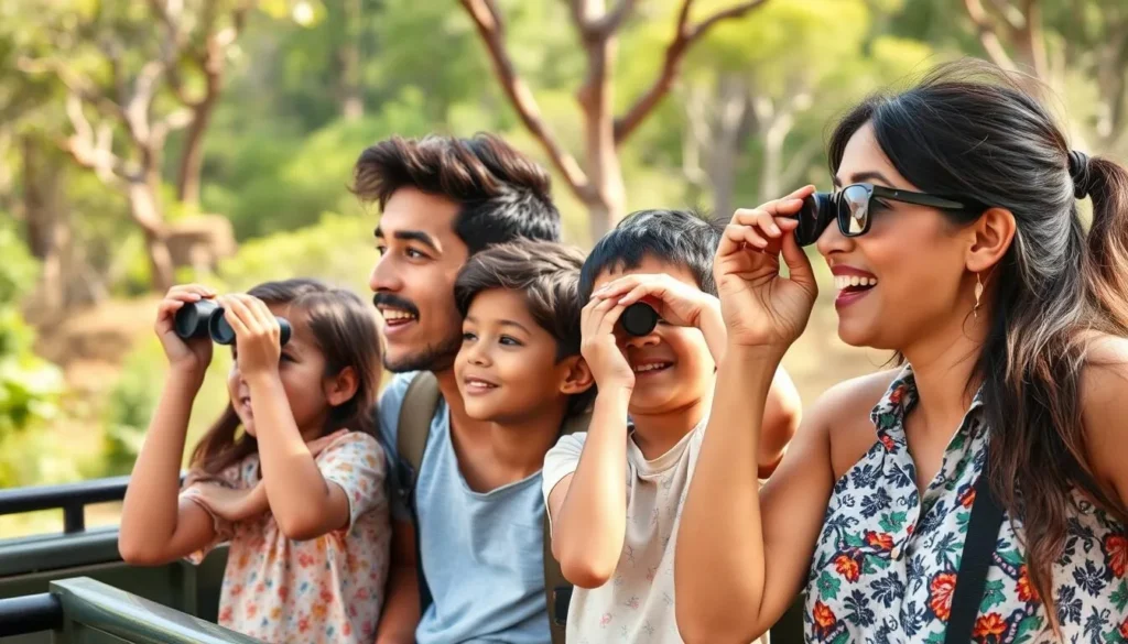 Family enjoying a wildlife sighting during safari in Pench National Park