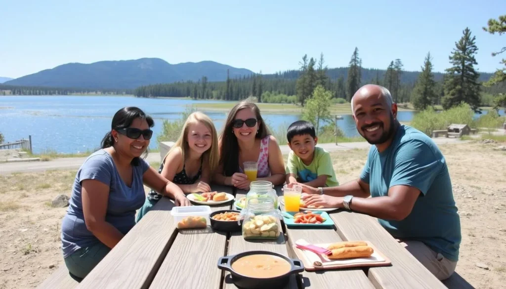 Family enjoying picnic at Highline Lake State Park