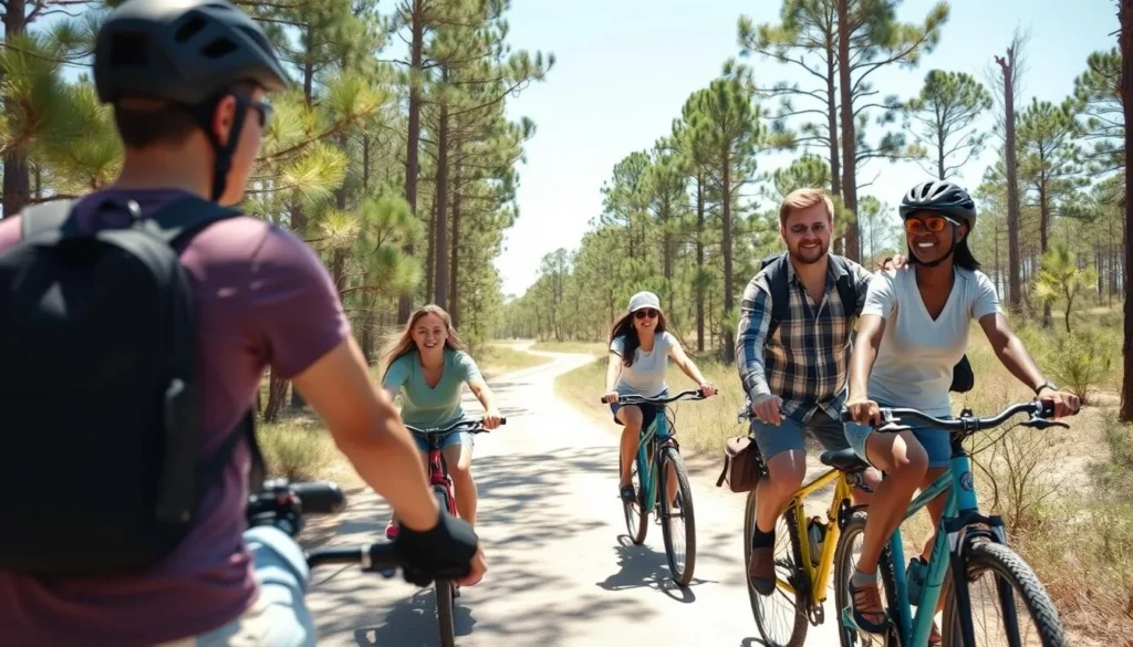 Family exploring North Toledo Bend State Park trails on bicycles