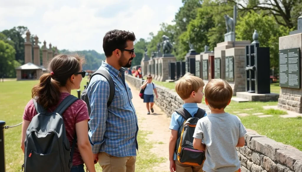Family exploring Vicksburg National Military Park, looking at monuments and exhibits Family exploring Vicksburg National Military Park, looking at monuments and exhibits