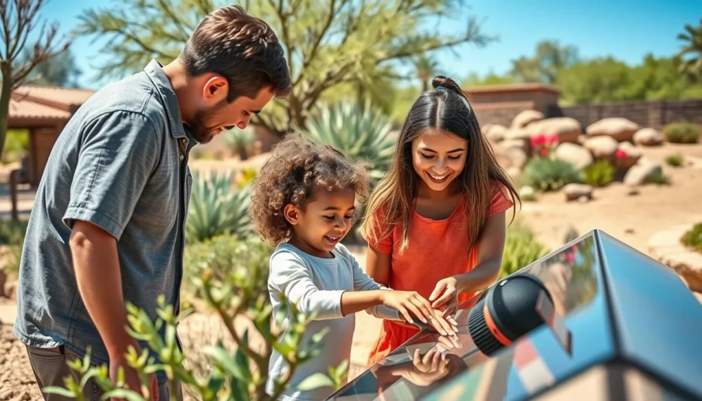 Family exploring the Children's Garden at Tohono Chul Park with interactive exhibits and native plants