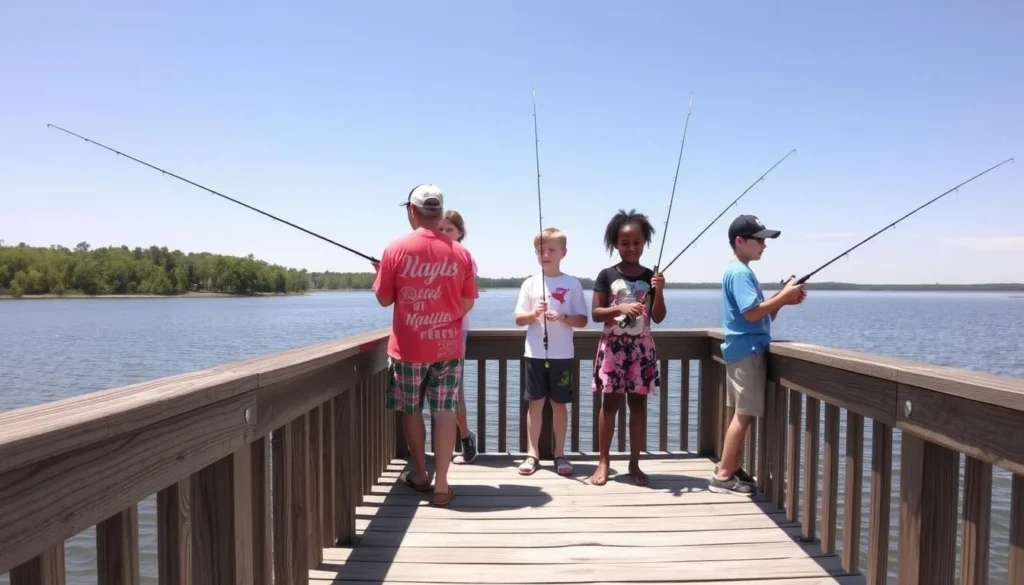 Family fishing from pier at Jimmie Davis State Park on Caney Lake Family fishing from pier at Jimmie Davis State Park on Caney Lake
