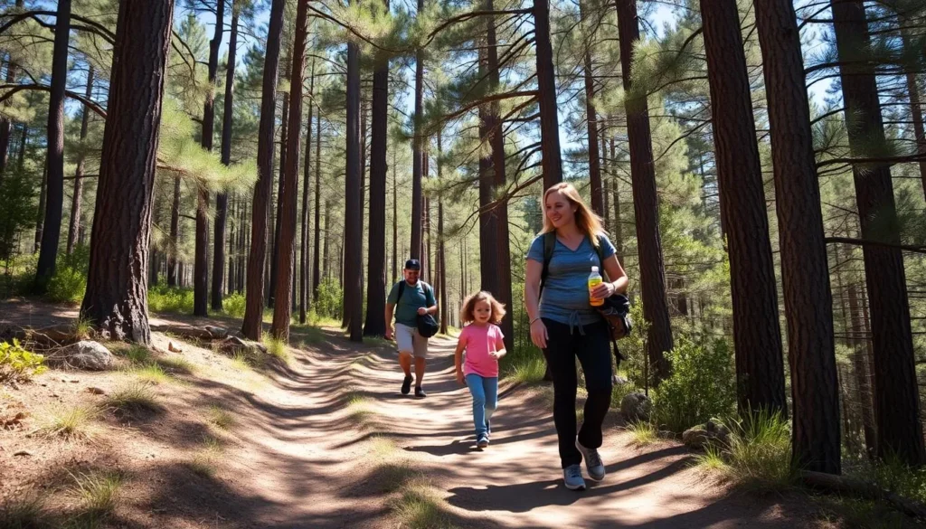 Family hiking on an easy trail through pine forest on Mount Lemmon