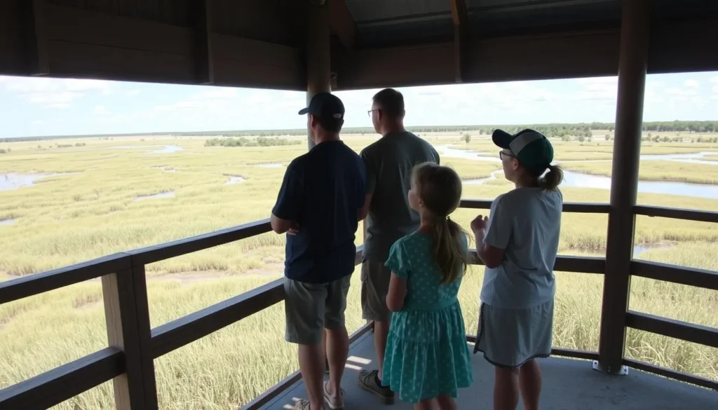 Family observing wildlife from a viewing platform at Red River National Wildlife Refuge Louisiana Family observing wildlife from a viewing platform at Red River National Wildlife Refuge Louisiana
