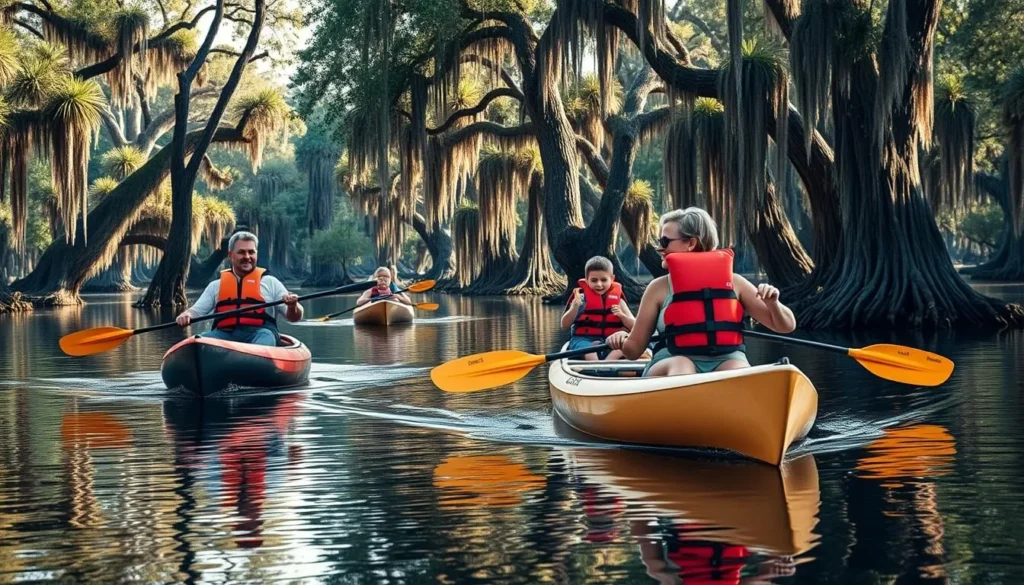 Family of four kayaking through cypress trees in Lake Fausse Pointe State Park