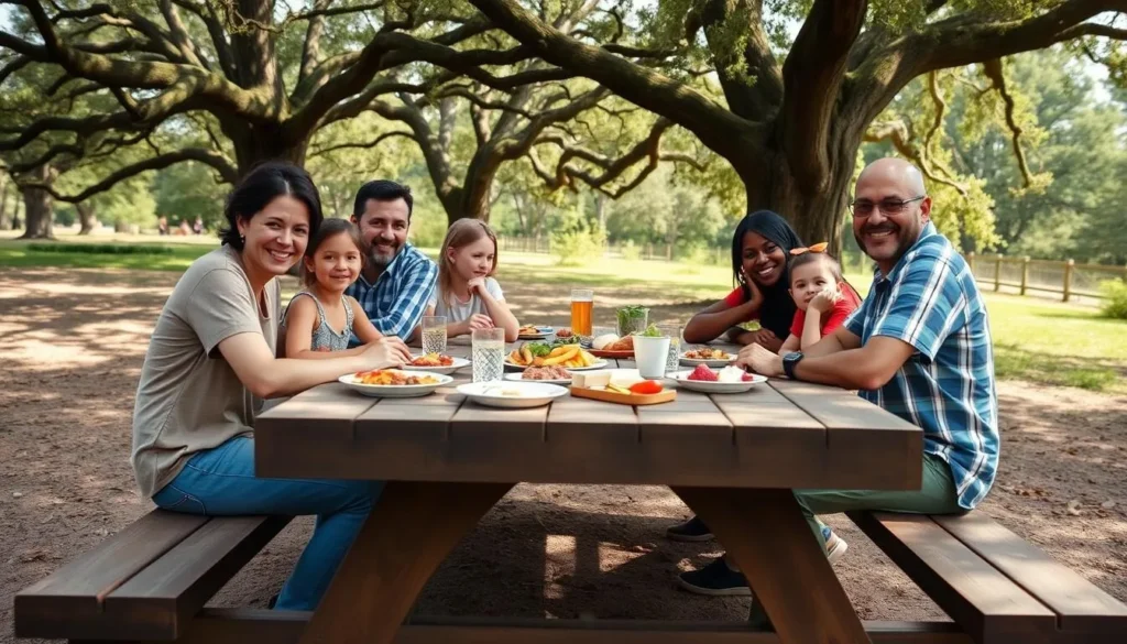 Family picnic at Woodson Bridge State Recreation Area with diverse group enjoying meal at picnic table under oak trees