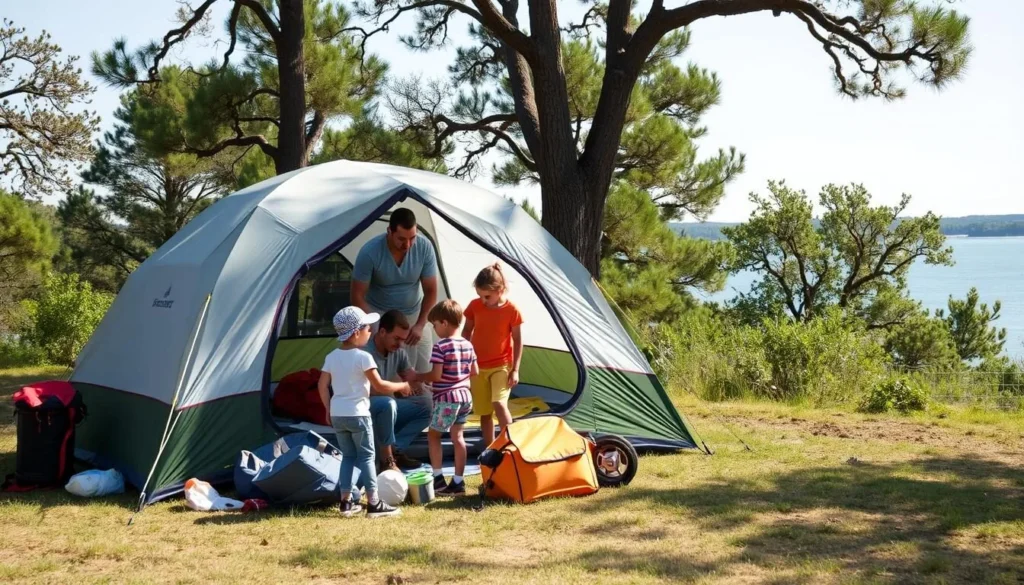 Family preparing camping gear at South Toledo Bend State Park campsite