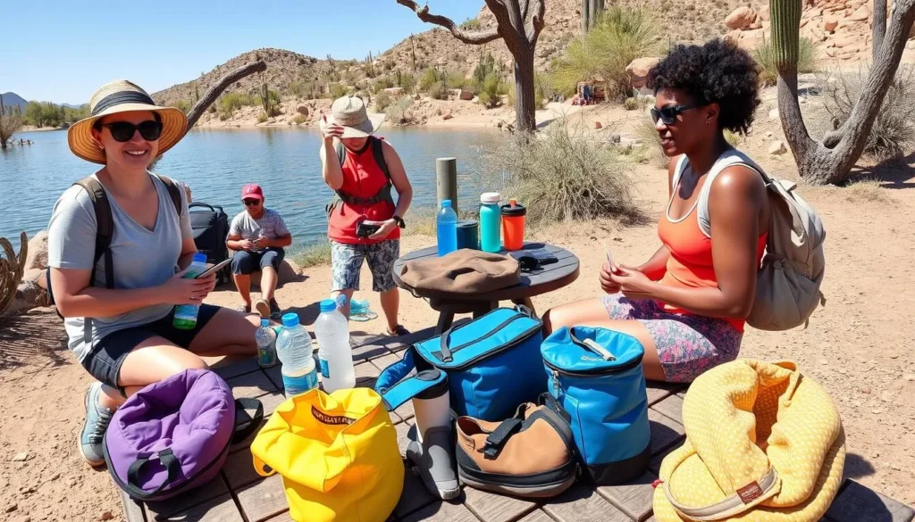 Family preparing for a day at Saguaro Lake Recreation Areas Arizona with proper gear