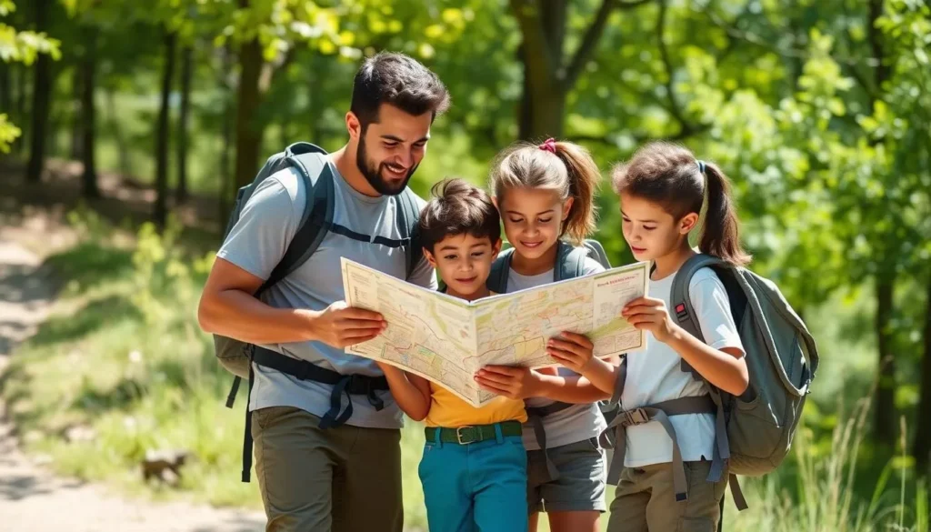 Family preparing for a hike at Weldon Springs State Park with backpacks