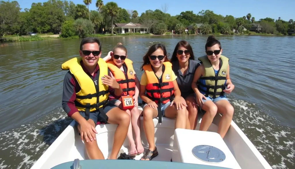 Family safely enjoying a boat ride on False River with everyone wearing life jackets Family safely enjoying a boat ride on False River with everyone wearing life jackets