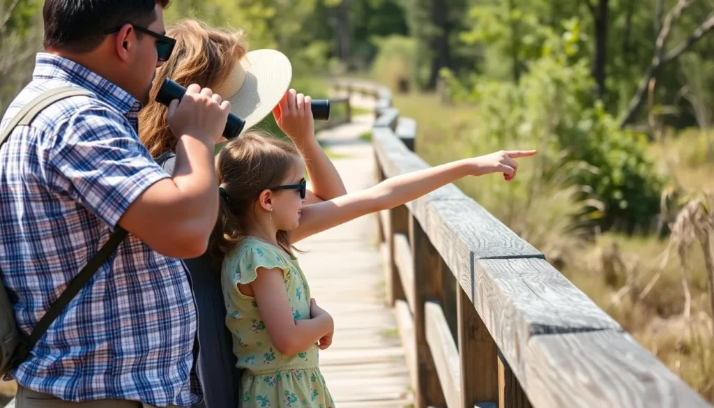Family safely observing wildlife from a boardwalk at Tickfaw State Park