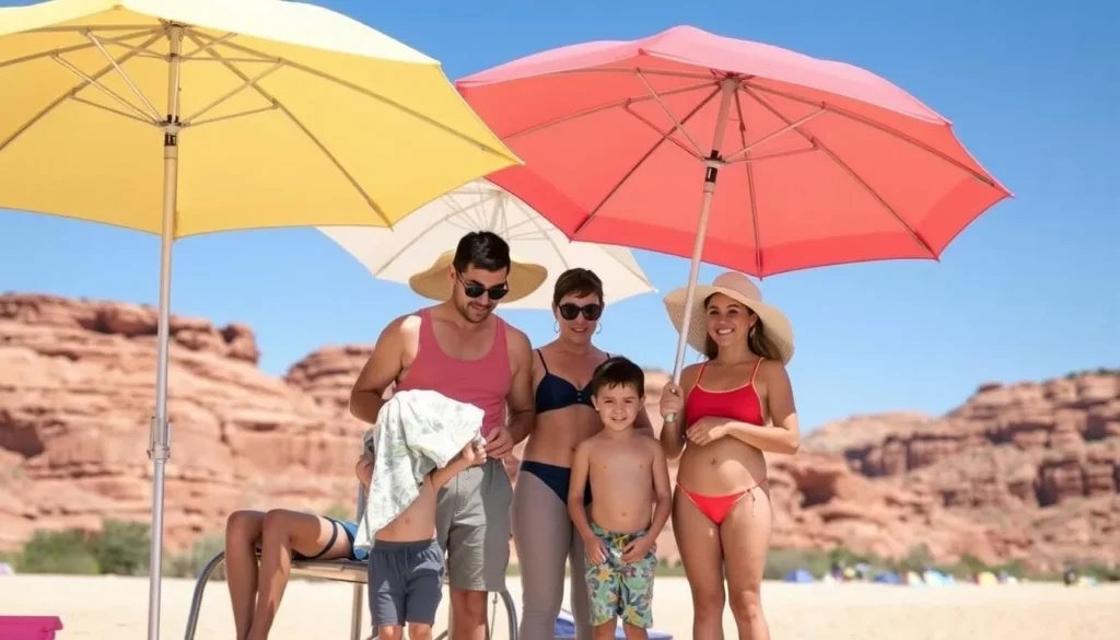 Family setting up sun protection at Wahweap Swim Beach with umbrellas and canopies