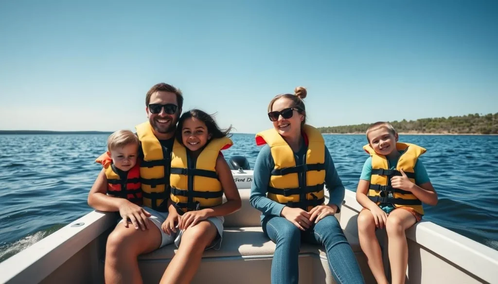 Family wearing life jackets while boating on Toledo Bend Reservoir