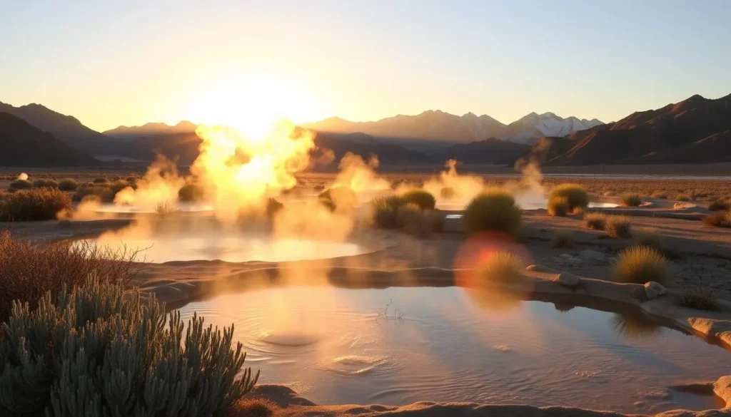 Fish Lake Valley Hot Springs Nevada during sunset with steam rising from the hot springs