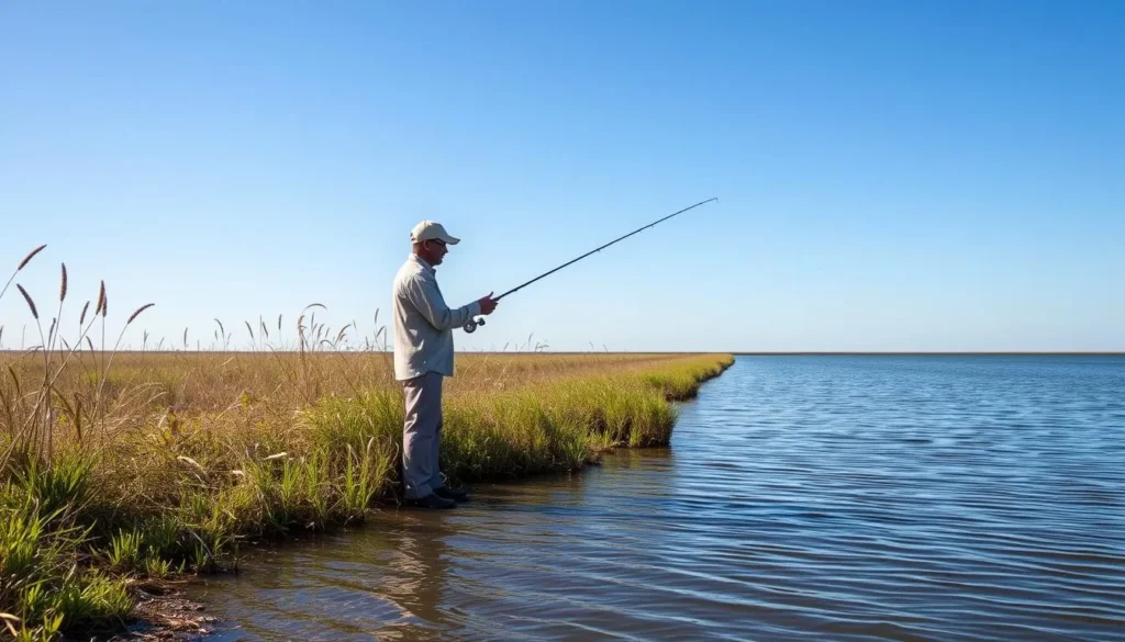 Fisherman casting a line in Sabine National Wildlife Refuge waters with marsh grasses in background Fisherman casting a line in Sabine National Wildlife Refuge waters with marsh grasses in background