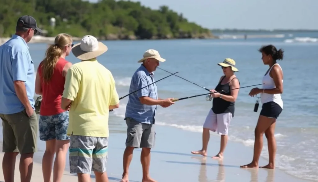 Fishing activity on West Timbalier Island Louisiana with anglers casting lines
