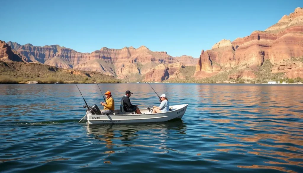 Fishing at Saguaro Lake Recreation Areas Arizona with anglers in a small boat