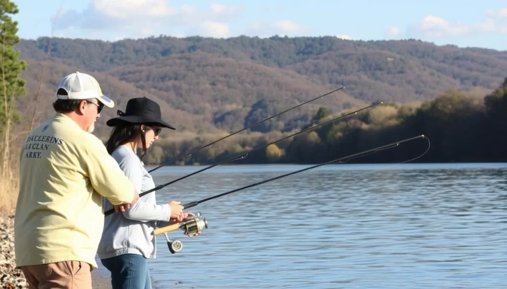 Fishing at Sangchris Lake with anglers catching bass from the shoreline Fishing at Sangchris Lake with anglers catching bass from the shoreline