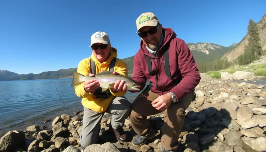 Fishing from shore on Boulder Island with person catching trout Fishing from shore on Boulder Island with person catching trout