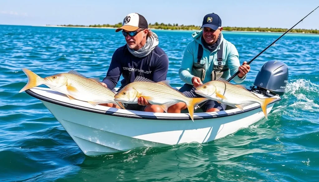 Fishing near Trinity Island Louisiana with anglers catching speckled trout