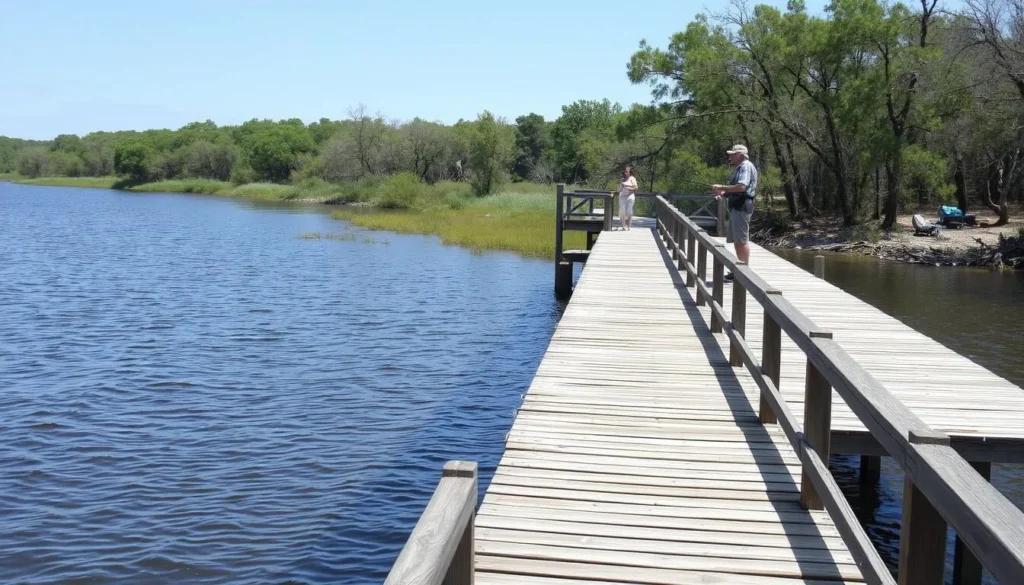 Fishing pier at Palmetto Island State Park Louisiana overlooking the Vermilion River Fishing pier at Palmetto Island State Park Louisiana overlooking the Vermilion River
