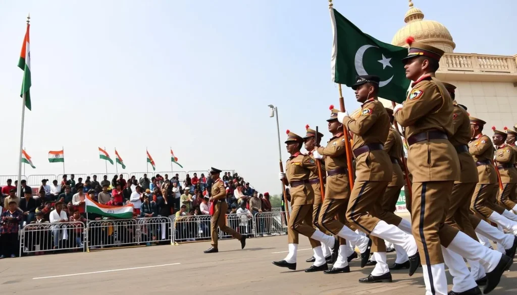 Flag lowering ceremony at Wagah Border with Indian and Pakistani soldiers in ceremonial uniforms