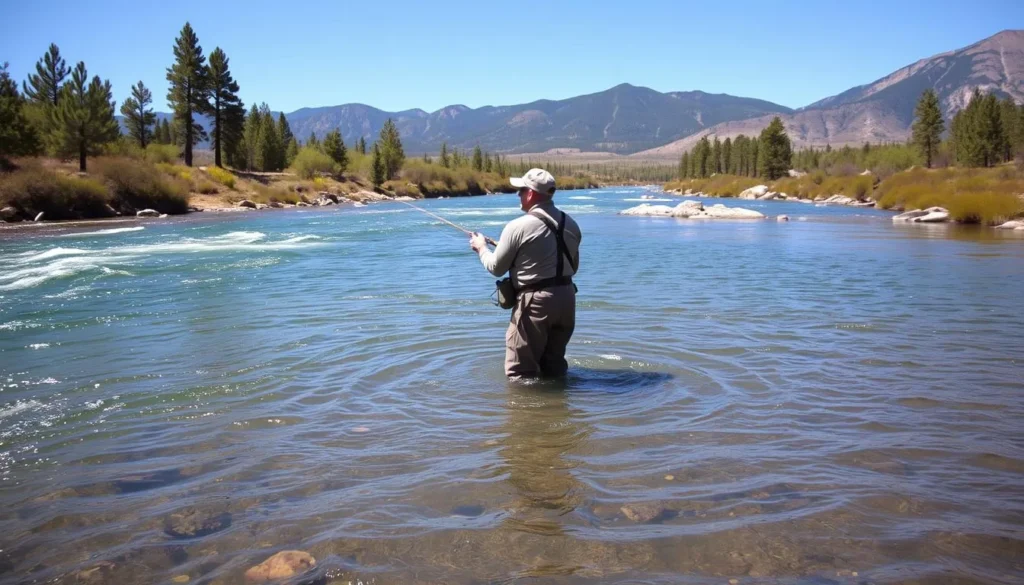 Fly fisherman in the Pecos River with mountains in background Fly fisherman in the Pecos River with mountains in background