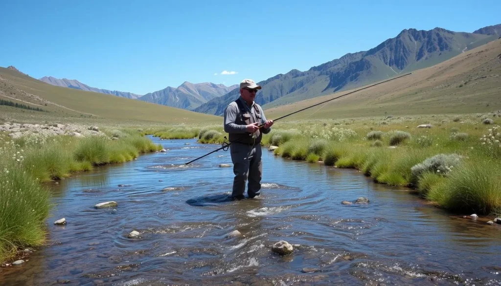 Fly fishing in Comanche Creek in Valle Vidal with mountains in background Fly fishing in Comanche Creek in Valle Vidal with mountains in background