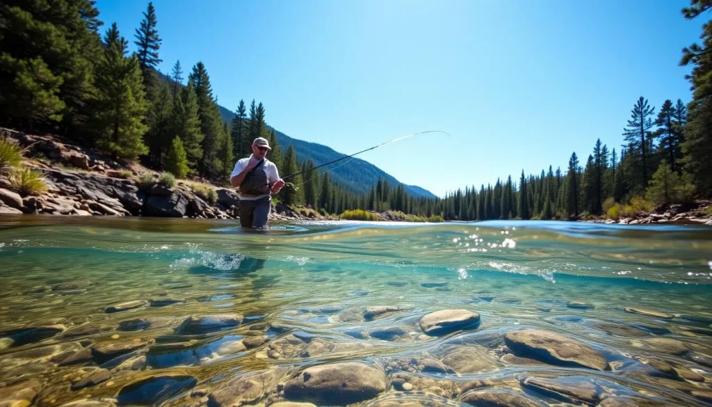 Fly fishing in a clear stream below the Mogollon Rim with pine forest backdrop Fly fishing in a clear stream below the Mogollon Rim with pine forest backdrop