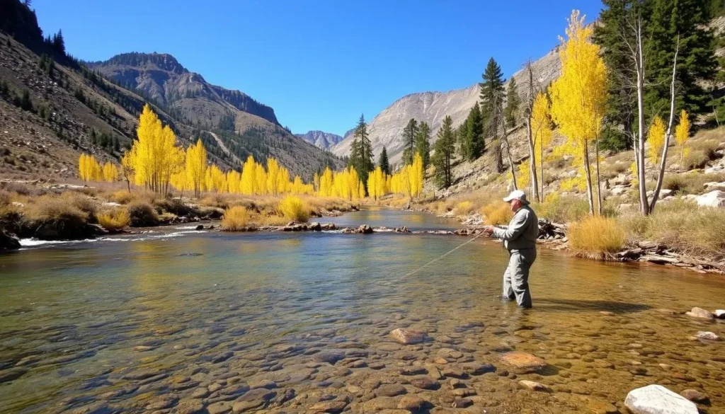 Fly fishing in a stream within Arc Dome Wilderness with mountains in background