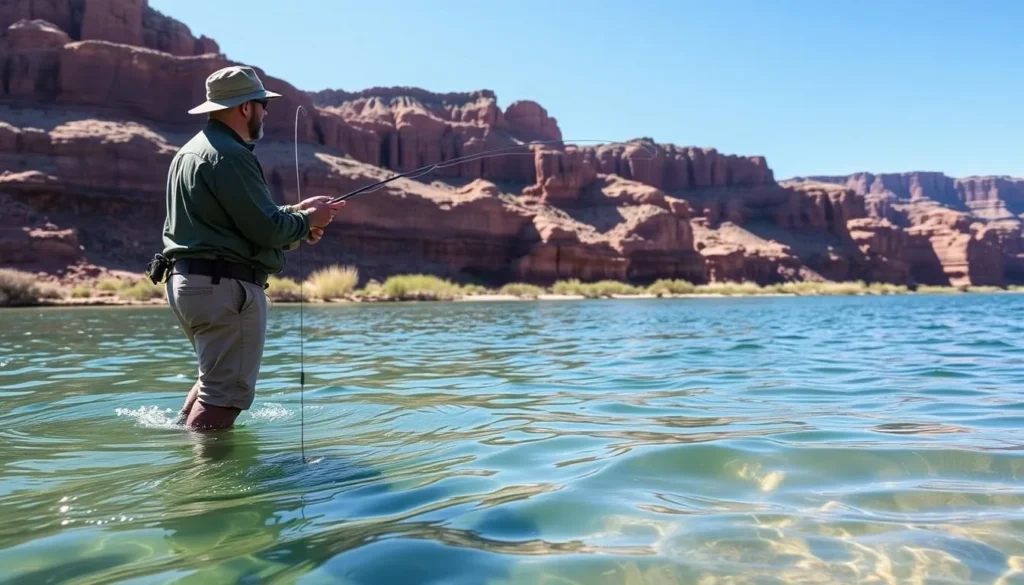 Fly fishing in the clear waters of the Colorado River at Lee's Ferry Fly fishing in the clear waters of the Colorado River at Lee's Ferry