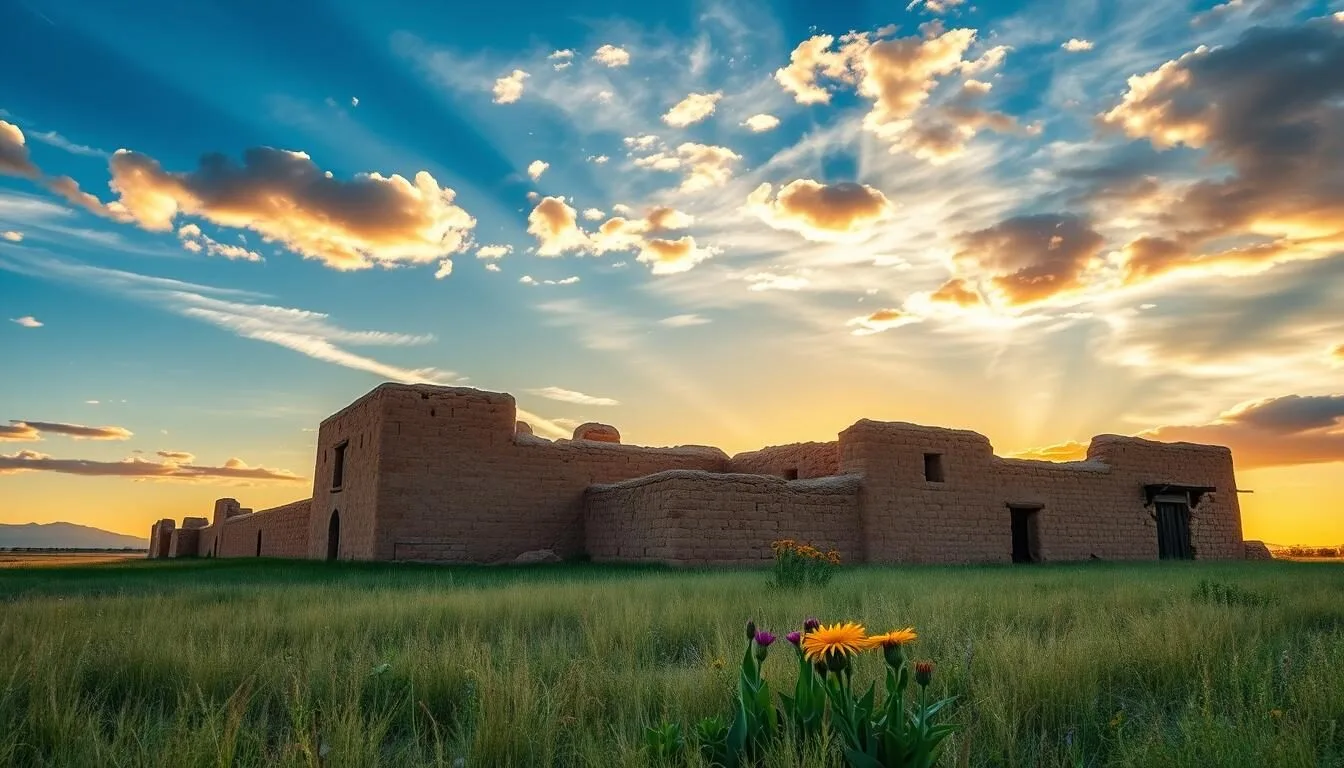 Fort Union National Monument adobe ruins during golden hour with beautiful sky