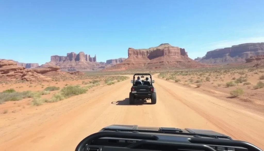 Four-wheel drive vehicle navigating a dirt road in Dominguez-Escalante with canyon walls visible Four-wheel drive vehicle navigating a dirt road in Dominguez-Escalante with canyon walls visible
