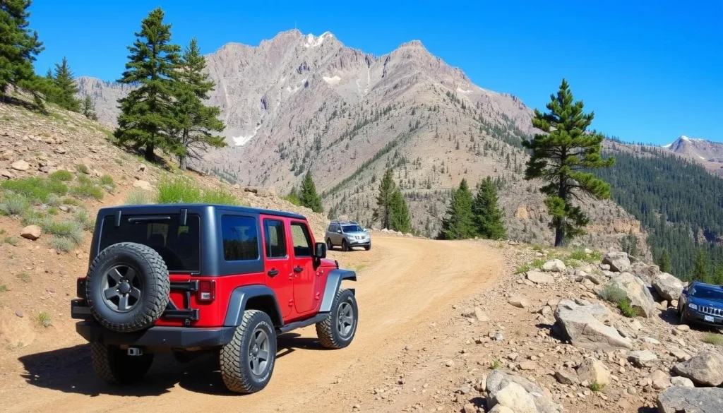Four-wheel drive vehicle navigating a rugged mountain road leading toward El Diente Peak area Four-wheel drive vehicle navigating a rugged mountain road leading toward El Diente Peak area