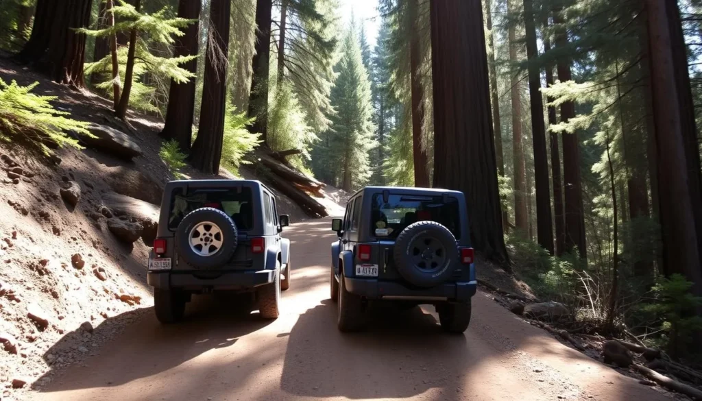 Four-wheel drive vehicle navigating the rugged dirt road leading to Sinkyone Wilderness State Park Four-wheel drive vehicle navigating the rugged dirt road leading to Sinkyone Wilderness State Park