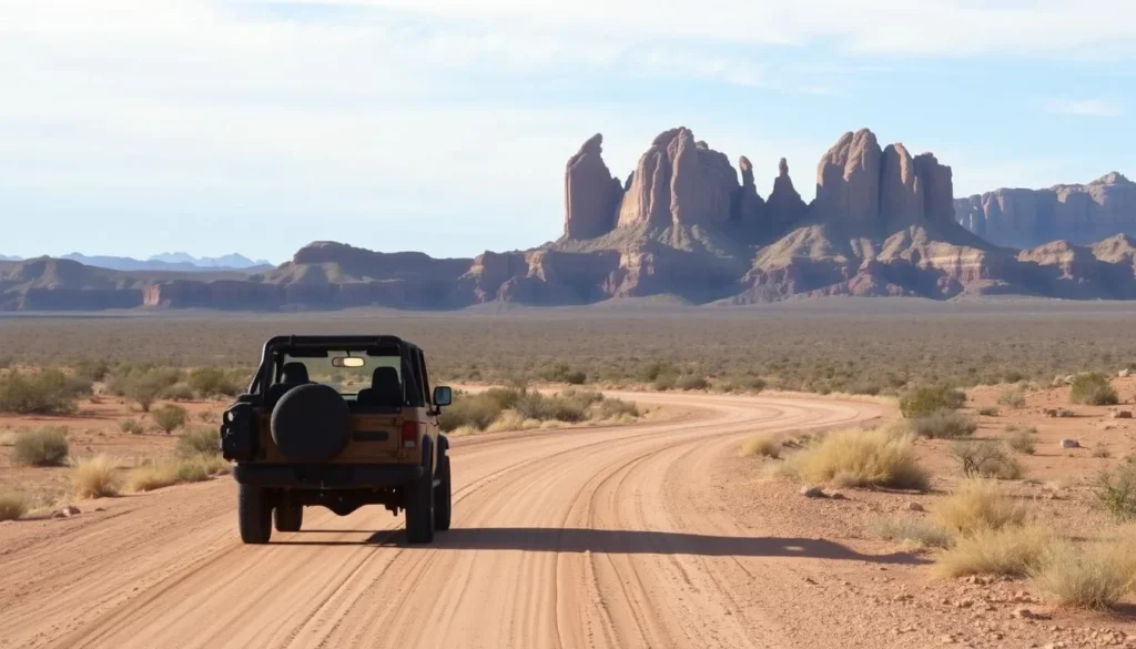Four-wheel drive vehicle on a desert road with Shiprock formation visible in the distance Four-wheel drive vehicle on a desert road with Shiprock formation visible in the distance