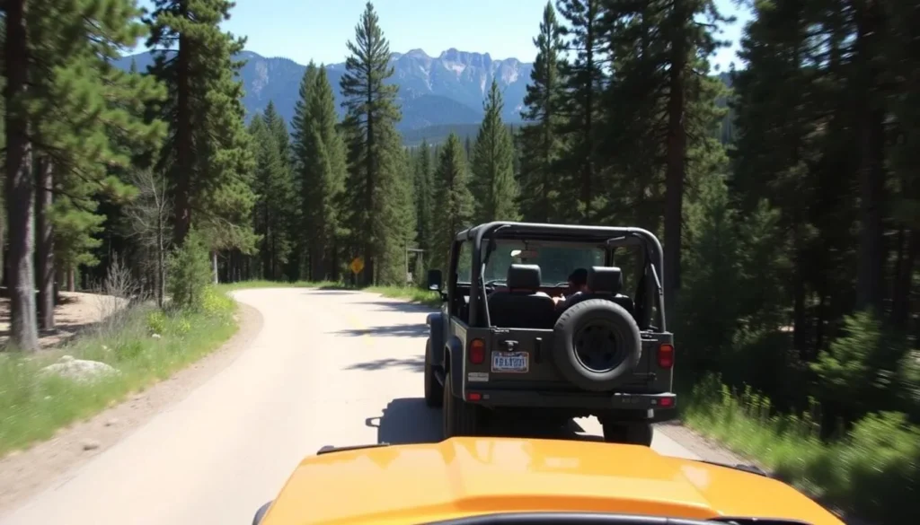 Four-wheel drive vehicle on a forest road in Lincoln National Forest with mountains in background Four-wheel drive vehicle on a forest road in Lincoln National Forest with mountains in background