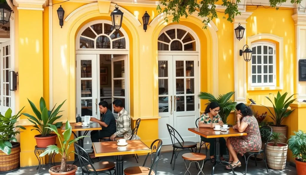 French-inspired cafe in Pondicherry with colorful exterior and outdoor seating