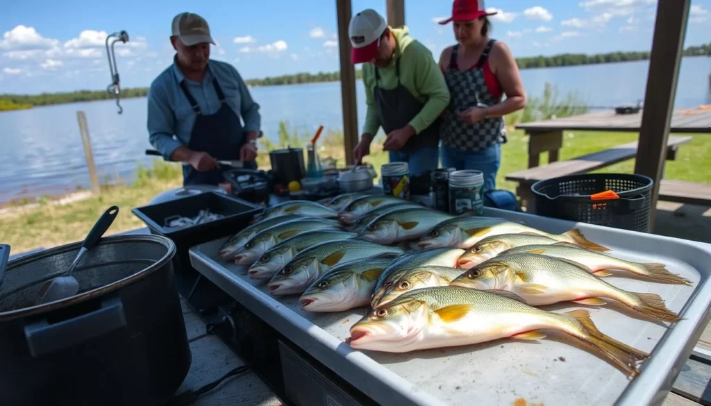 Fresh caught bass being prepared for cooking at a lakeside picnic area