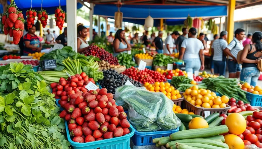 Fresh produce market in Constanza showing locally grown vegetables and strawberries