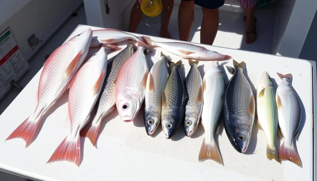 Fresh seafood catch from Isle au Pitre waters including redfish and speckled trout Fresh seafood catch from Isle au Pitre waters including redfish and speckled trout