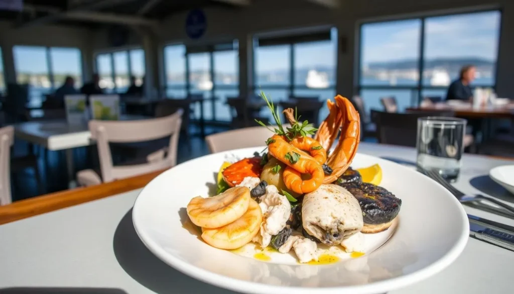 Fresh seafood dish being served at a waterfront restaurant in Morro Bay with ocean views
