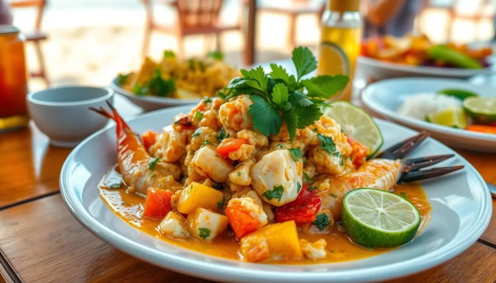 Fresh seafood dish with coconut sauce (Pescado con Coco) served at a beachfront restaurant in Samana