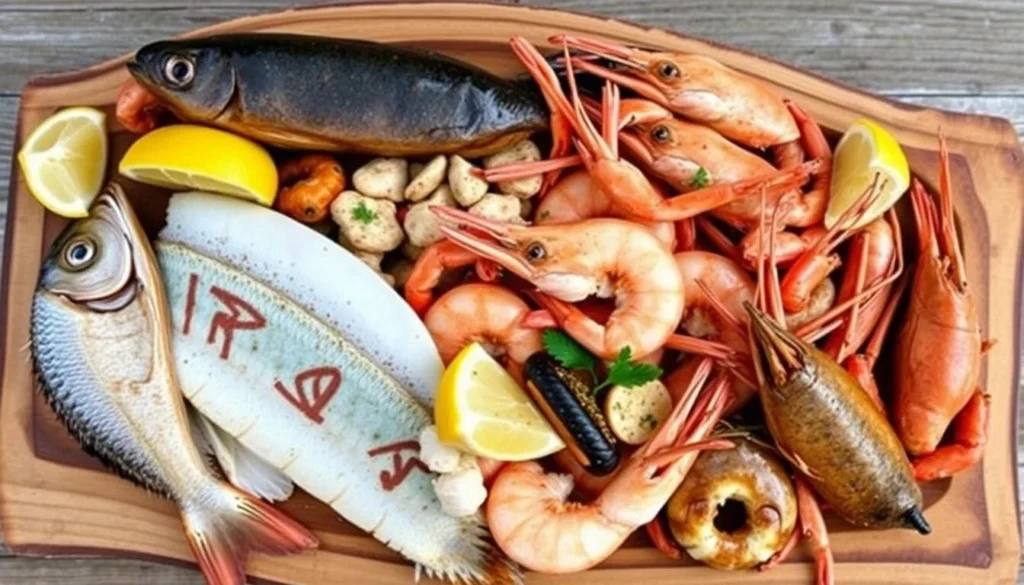Fresh seafood platter featuring locally caught fish, shrimp, and crabs from Timbalier Bay