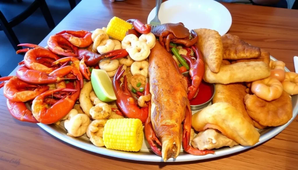 Fresh seafood platter with Cajun specialties from Fourchon Beach Louisiana Fresh seafood platter with Cajun specialties from Fourchon Beach Louisiana