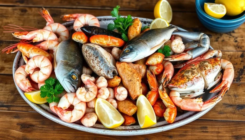 Fresh seafood platter with Gulf shrimp, fish, and crab from Grand Isle waters Fresh seafood platter with Gulf shrimp, fish, and crab from Grand Isle waters