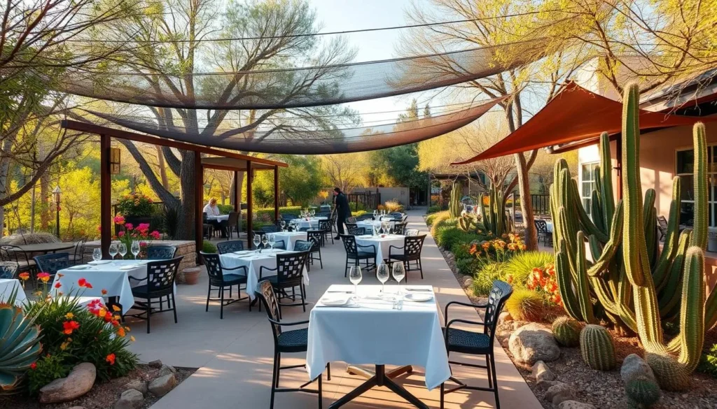 Garden Bistro at Tohono Chul Park showing outdoor dining area surrounded by desert plants and flowers