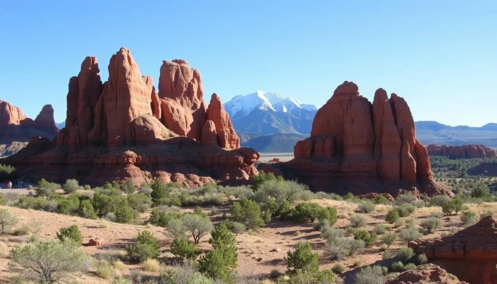 Garden of the Gods park near Colorado Springs with red rock formations and Pikes Peak in the background Garden of the Gods park near Colorado Springs with red rock formations and Pikes Peak in the background