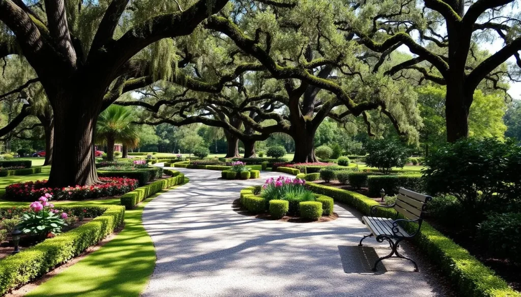 Garden pathway at Rosedown Plantation with benches and shade trees