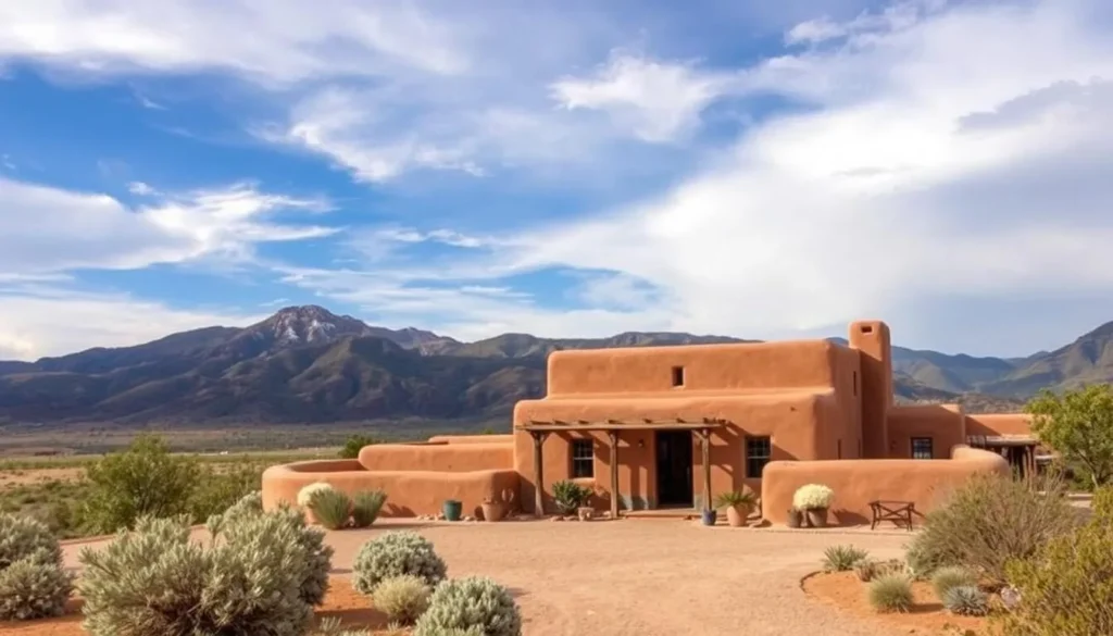 Georgia O'Keeffe Home and Studio in Abiquiu with traditional adobe architecture and mountain views Georgia O'Keeffe Home and Studio in Abiquiu with traditional adobe architecture and mountain views